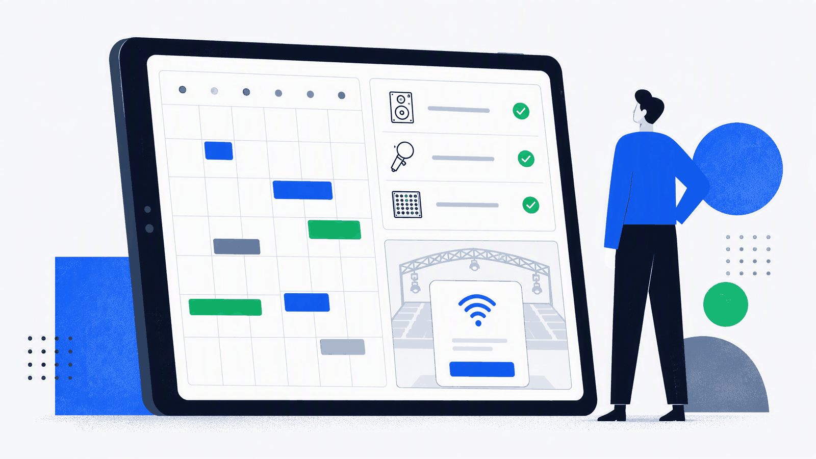 Illustration of a tablet showing the GigLogix dashboard — job schedule, equipment checklist, and venue WiFi splash page — with a person standing beside it